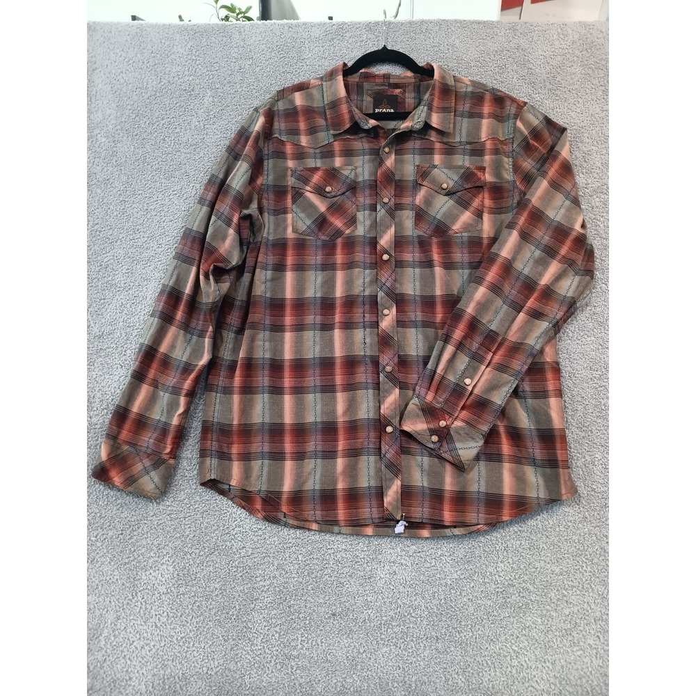 prAna Plaid Flannel Shirt Men's XL Brown Red Outdoor